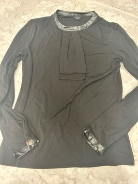 Ann Taylor Black Blouse with Faux Leather Trim and Gold Button